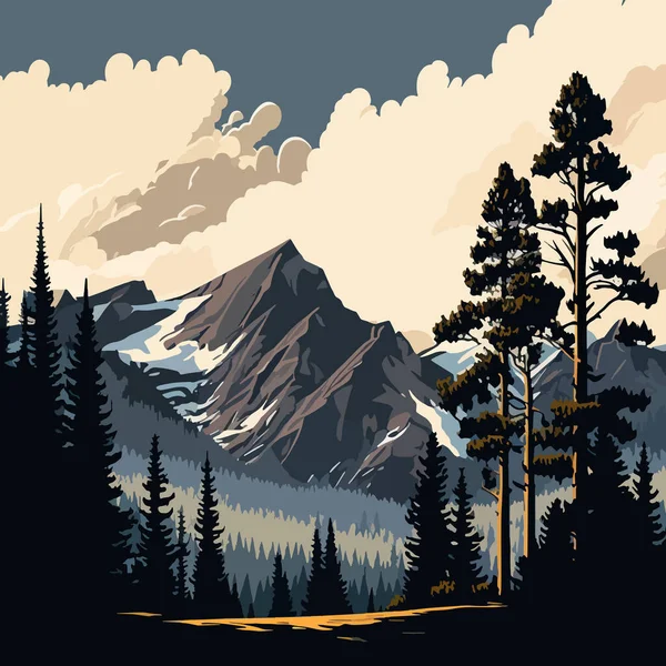 Ilustración Del Paisaje Montaña Bosque Severo Virgen Sobre Telón Fondo — Vector de stock