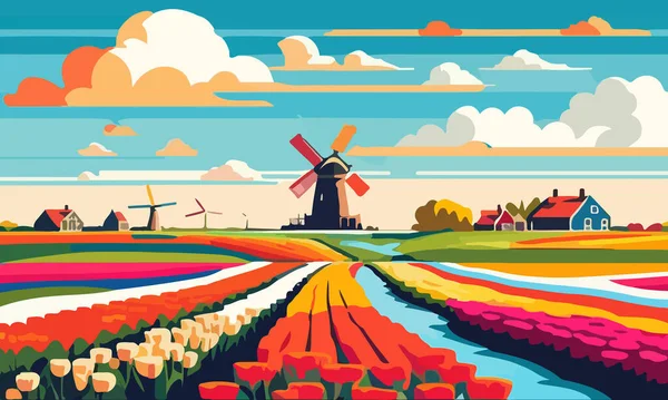 Vektor Illusztráció Egy Táj Holland Tulipánok Szélmalmok Tervezési Plakátokhoz Üdvözletekhez — Stock Vector