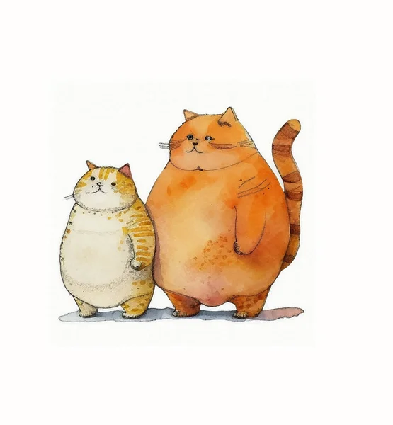 Family of funny and cartoon cats. Watercolor drawing