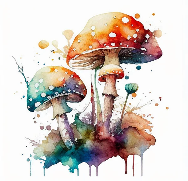 Cogumelos Multicoloridos Voe Agárico Outras Plantas Desenho Aquarela — Fotografia de Stock