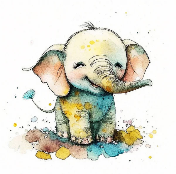 Ένα Μικρό Και Χαρούμενο Μωρό Ελέφαντας Σου Χαμογελάει Σχέδιο Ακουαρέλας — Φωτογραφία Αρχείου