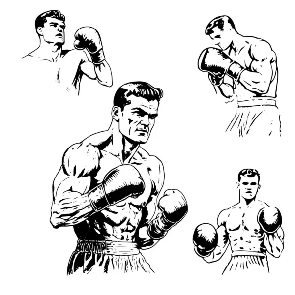 Desenho Vetorial Conjunto Preto Branco Desenhos Diferentes Desportistas Boxeadores Para — Vetor de Stock