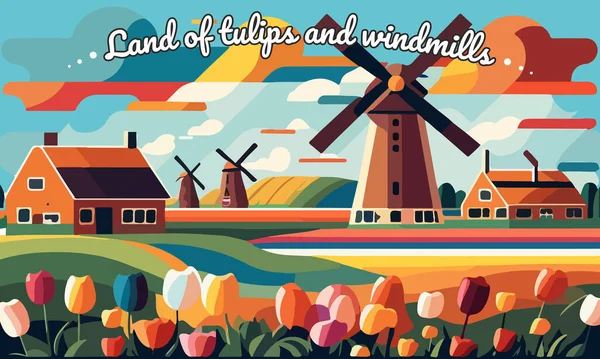 带荷兰郁金香和风车的风景的矢量图解 设计海报和问候语 — 图库矢量图片