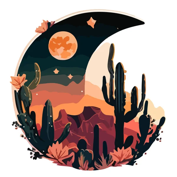 Montañas Cactus Flores Fondo Media Luna Dibujo Vectorial — Vector de stock