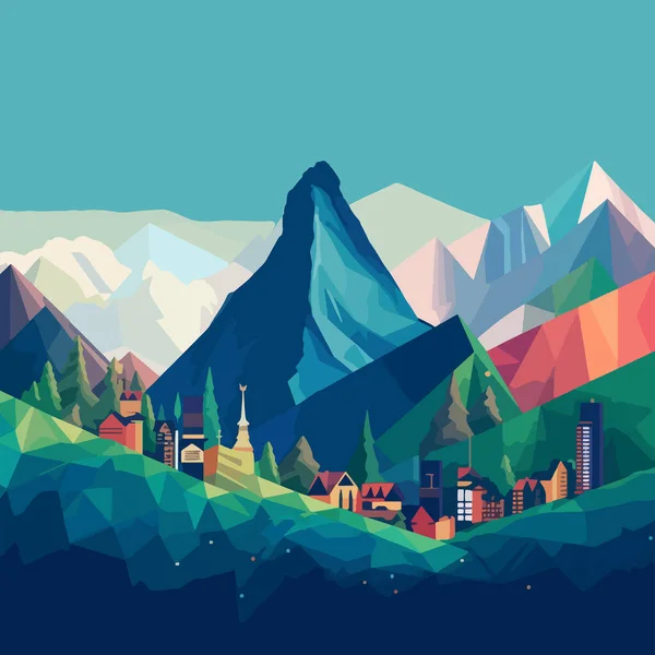 Paisaje Cuento Hadas Pueblo Montaña Montañas Multicolores Contra Cielo Azul — Archivo Imágenes Vectoriales