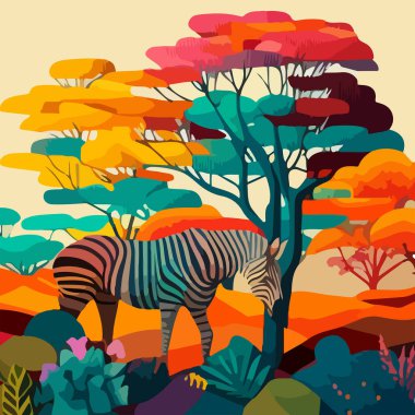 Çok renkli bir ormanın arka planında bir zebra. Hayvan renkli savananın arka planında otlar.