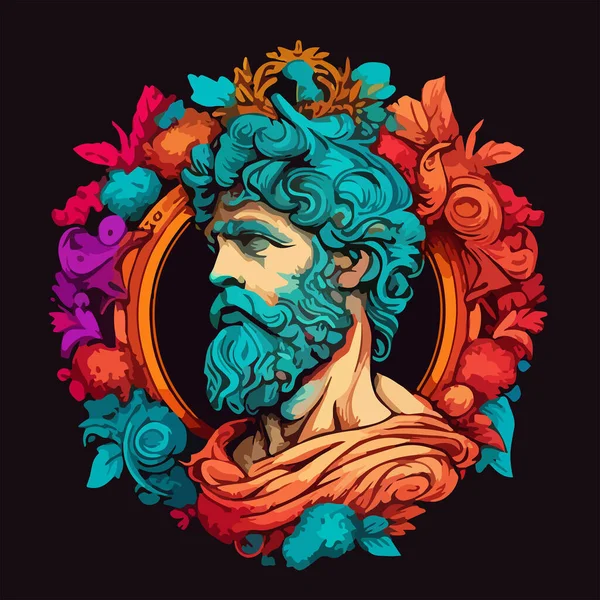 Dibujo Vectorial Multicolor Dios Griego Retrato Enmarcado Por Flores Ornamentos — Vector de stock