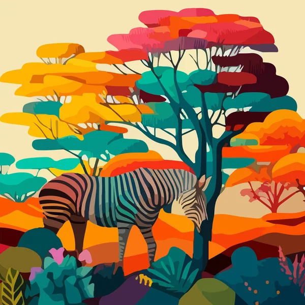 Zebra Pozadí Pestrobarevného Lesa Zvíře Pasou Pozadí Pestré Savany — Stockový vektor