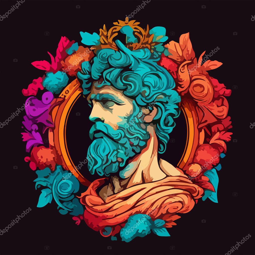 Multicolored, vector drawing of a Greek god. Portrait framed by flowers and ornaments