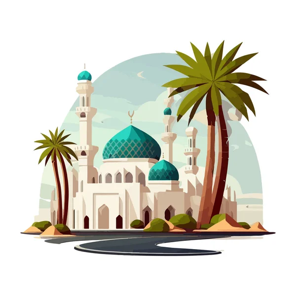 Vektorzeichnung Einer Moschee Auf Einem Hintergrund Aus Palmen Und Einer — Stockvektor