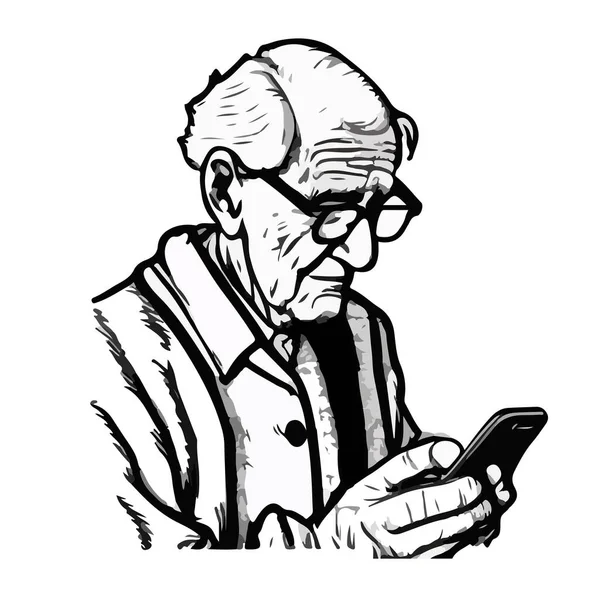 携帯電話を持つ黒と白の漫画の老人のイラスト デザインのために — ストックベクタ