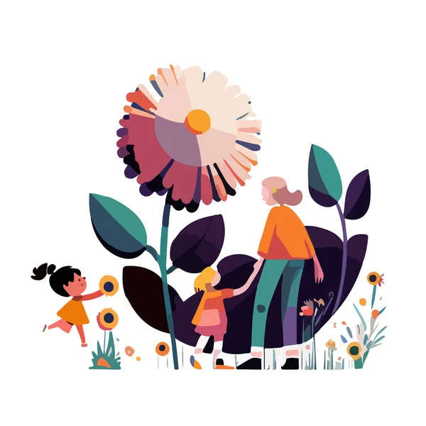 Γελοιογραφία Των Κοριτσιών Και Των Μητέρων Τους Φόντο Λουλουδιών Και — Διανυσματικό Αρχείο