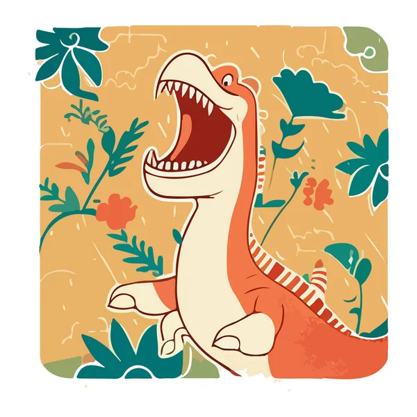 Disegno Dinosauro Arancione Cartone Animato Sullo Sfondo Foglie Fiori Tuo — Vettoriale Stock
