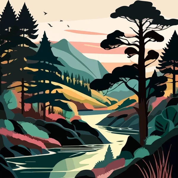 Paysage Avec Une Rivière Une Forêt Sur Les Rives Contre — Image vectorielle