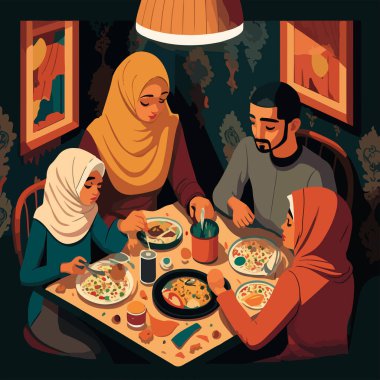 Müslüman bir aile akşam yemeği için toplandı. Oraza 'nın kutsal orucunun ayı. Tasarımın için.