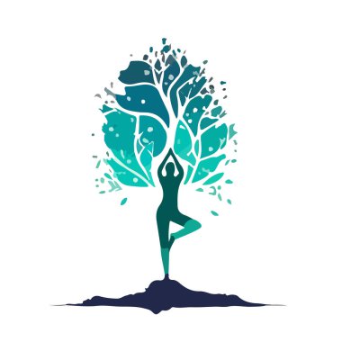 Yoga kızı silueti beyaz arka planda mavi yaşam ağacına karşı