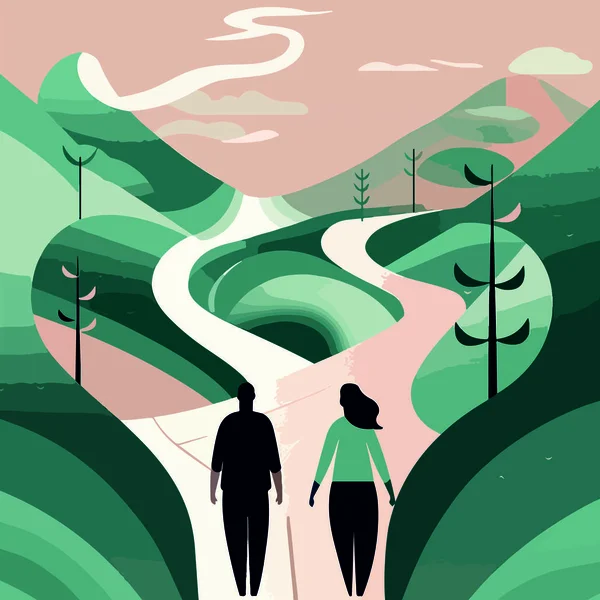 カラフルな丘や木の間で彼らの目標に向かって道路に沿って歩いてカップル — ストックベクタ