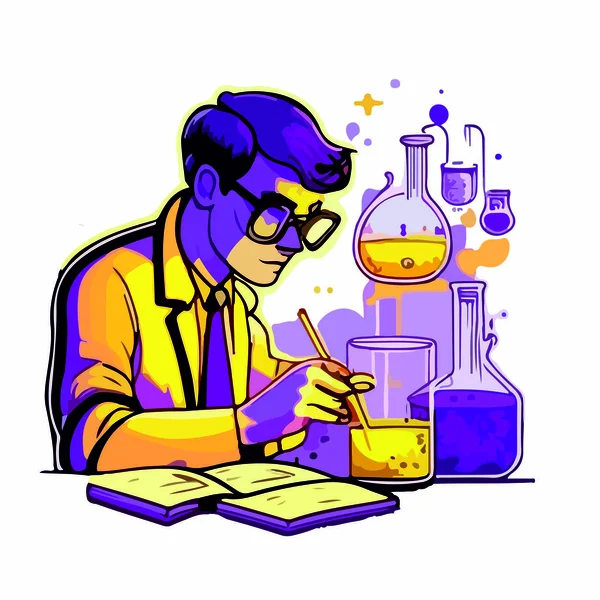 Cartoon Drawing Male Chemist Sitting Work Background Flasks Equipment — Stock Vector