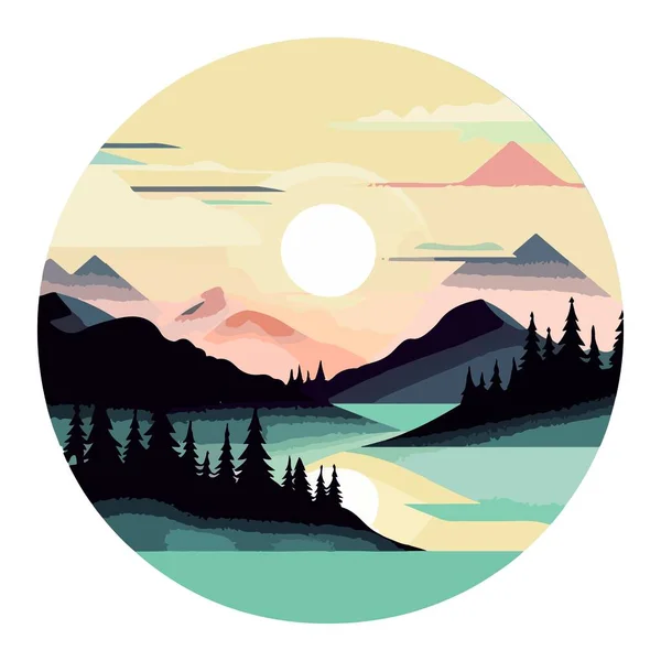 Mountain landscape with a river and coniferous forest at sunset. Drawing in a circle on a white background