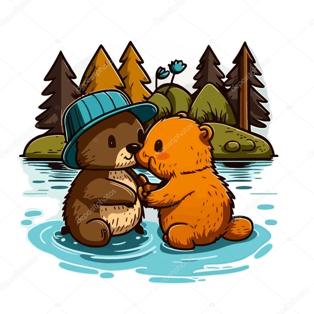 A couple of cute cartoon beavers in the river against the background of the forest on a white background