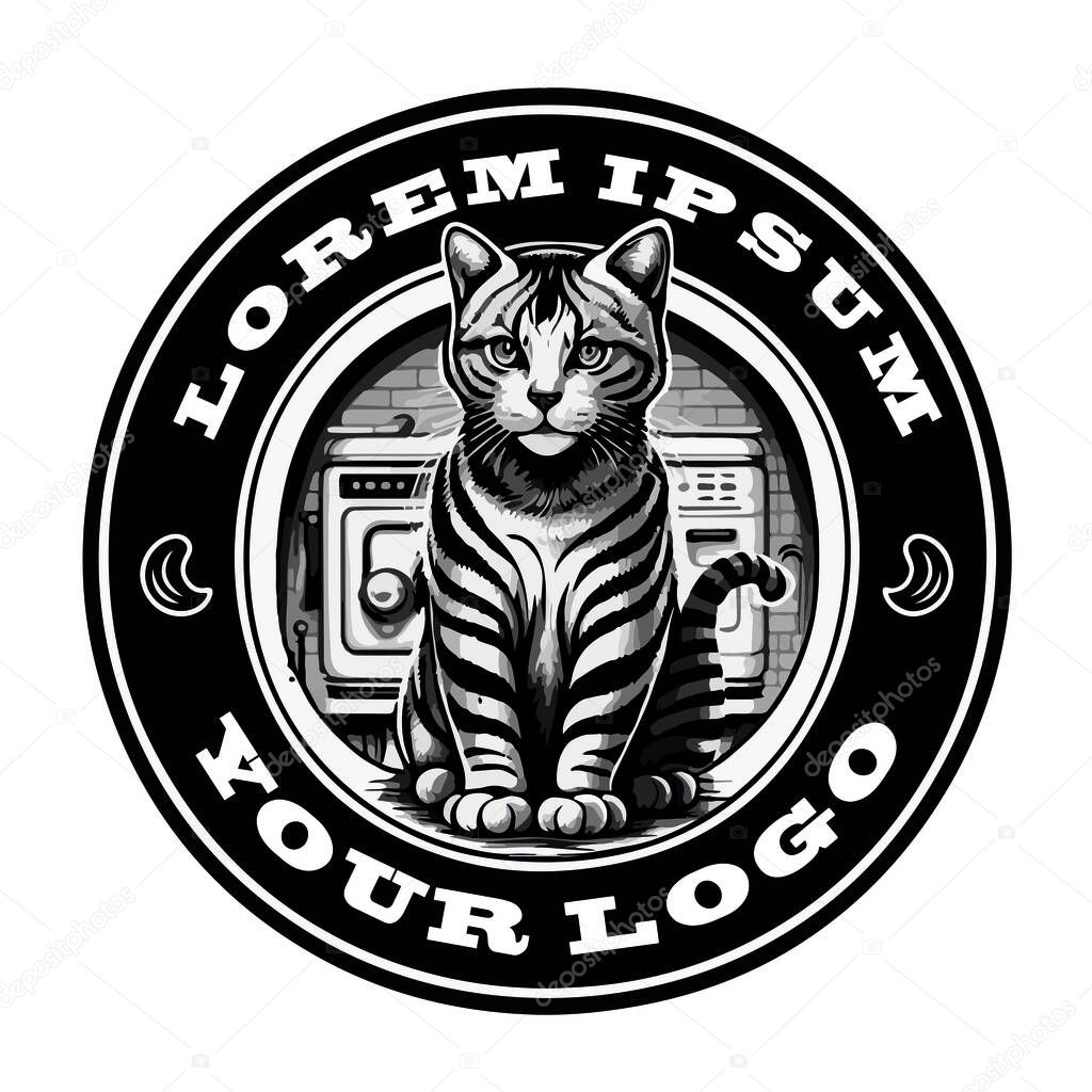 Logo with a cute cat on the background of a washing machine with your text