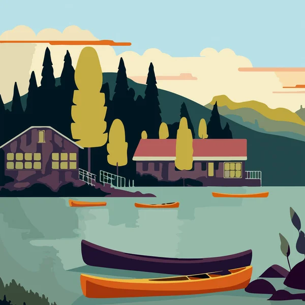 _Landscape of a lake and a canoe on it, on the shore of the house against the backdrop of the forest. For your design