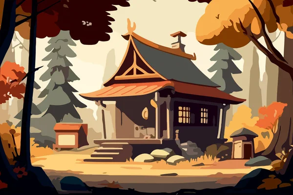 Paisaje Dibujos Animados Casa Asiática Bosque Para Diseño — Vector de stock