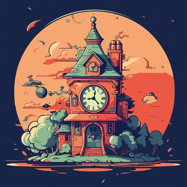 Fairytale Cartoon House Big Clock Backdrop Huge Sun Clouds Your — Stock Vector