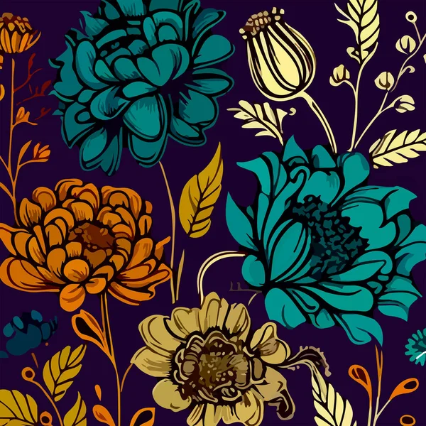 Plochá Monochromatická Kresba Vzoru Květin Listí Tmavém Pozadí Pro Váš — Stockový vektor