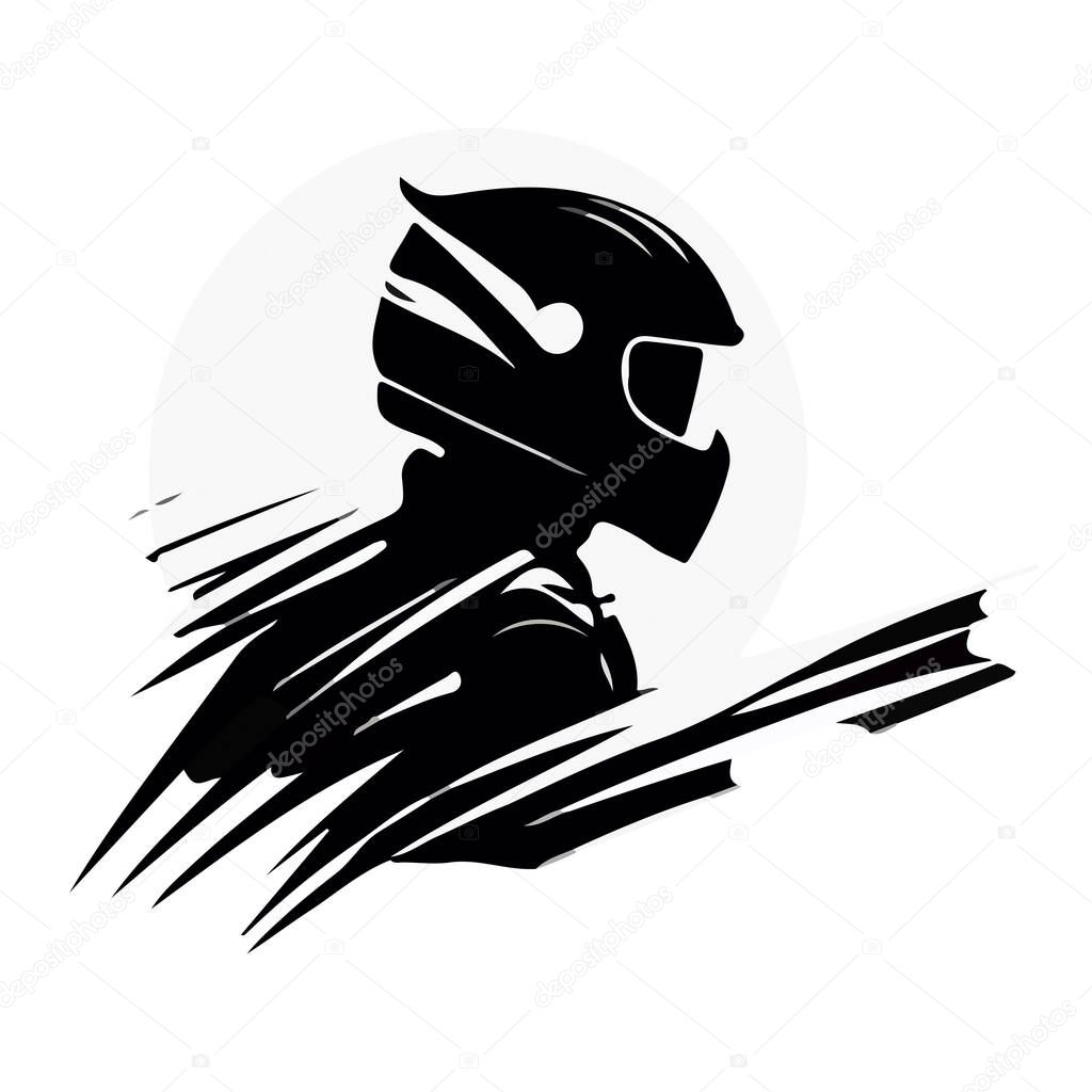 Flat black and white drawing of a motorcyclist racer logo. For your design