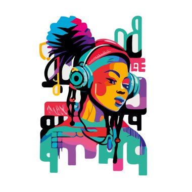 Hip-hop tarzında bir gencin vektör resmi. Kulaklıklı kız müzik dinliyor. Tasarımınız için etiket