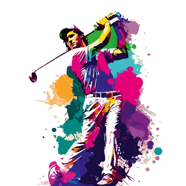 一个人打高尔夫球 用一个有色背景的棍棒击球 为了你的设计 — 图库矢量图片