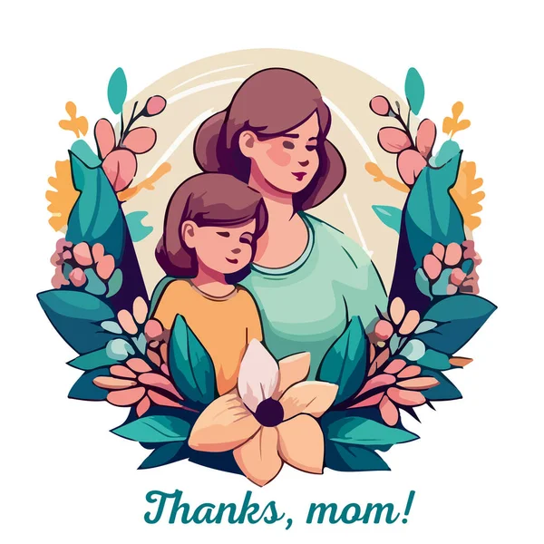 Mam Met Een Kind Een Bos Bloemen Bedankt Mam Sticker — Stockvector