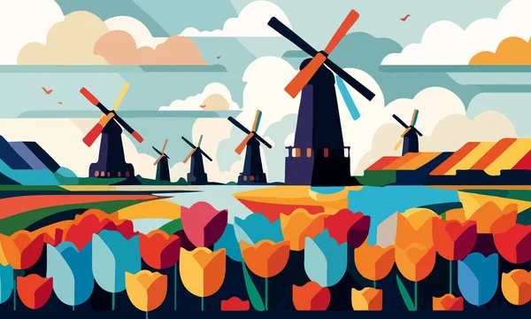 Векторная Иллюстрация Пейзажа Голландскими Тюльпанами Ветряными Мельницами Дизайнерских Плакатов Поздравлений — стоковый вектор