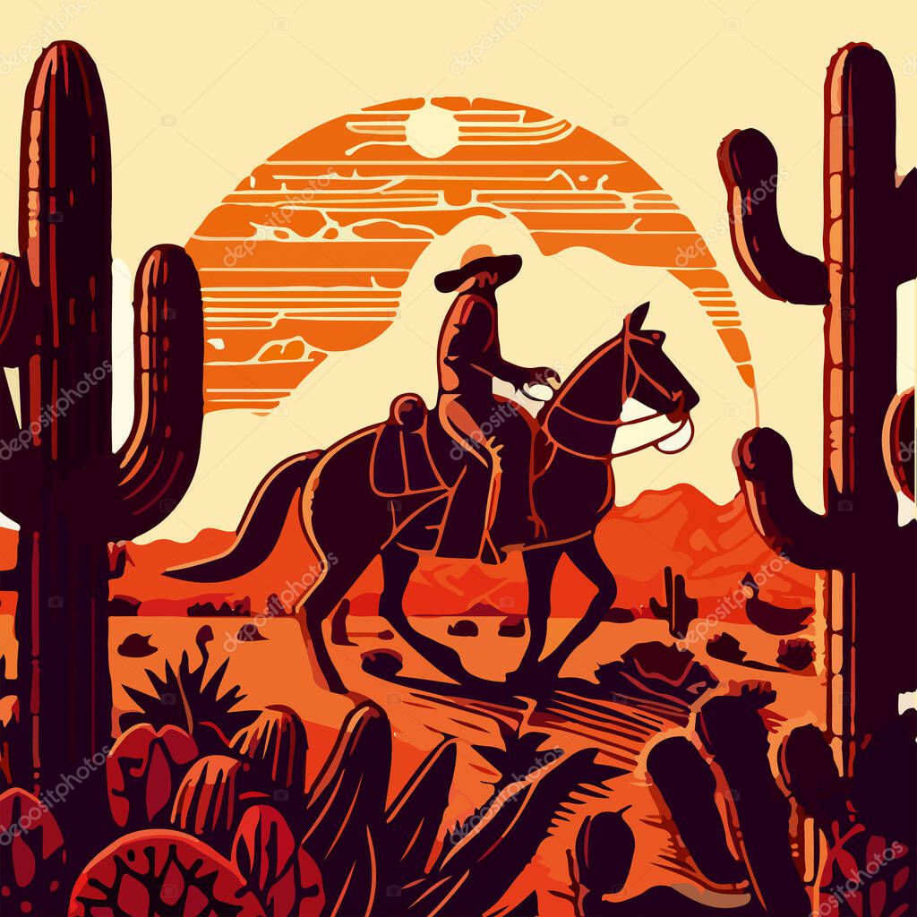 Vector picture of a cowboy riding a horse in the desert against the backdrop of sunset and cacti.