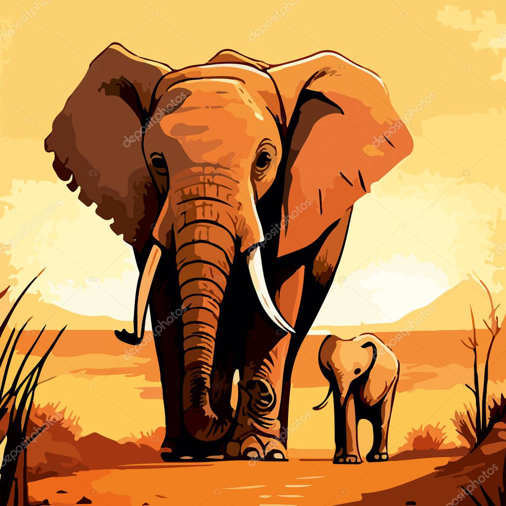 Drawing of a family of an African elephant and a baby elephant walking through the savannah. For your design
