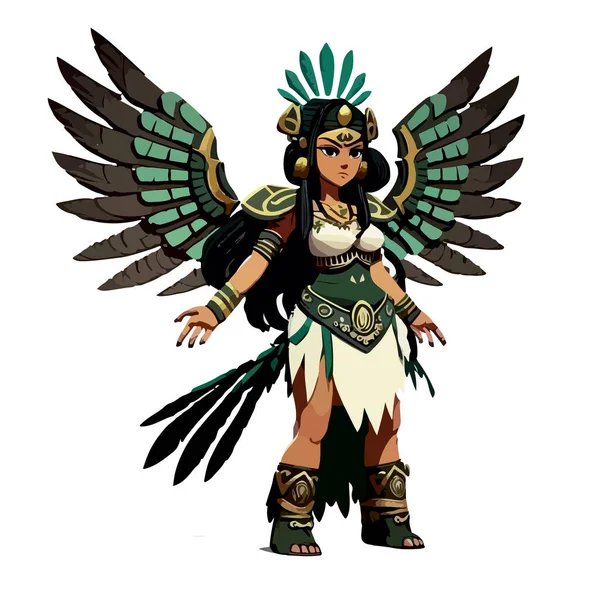 Zeichnung Eines Mythologischen Aztekischen Mädchens Mit Flügeln Auf Weißem Hintergrund — Stockvektor