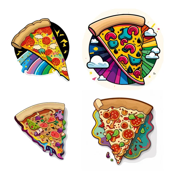 Renkli çizgi film pizzası çizimi. Beyaz arka planda çeşitli pizza çeşitleri. Tasarımın için..