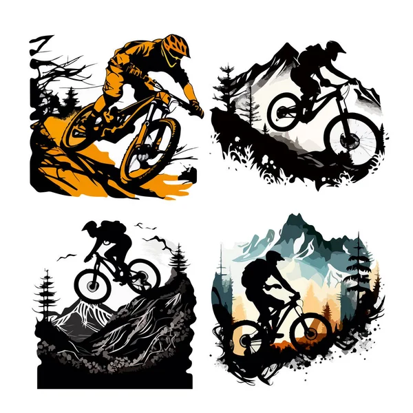 Dağ manzaralarının arka planında bisikletli sporcular. Tasarımın veya logon için..