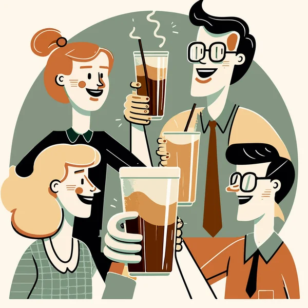 Desenhos Animados Personagens Planos Divertem Bebem Bebidas Óculos Para Seu —  Vetores de Stock