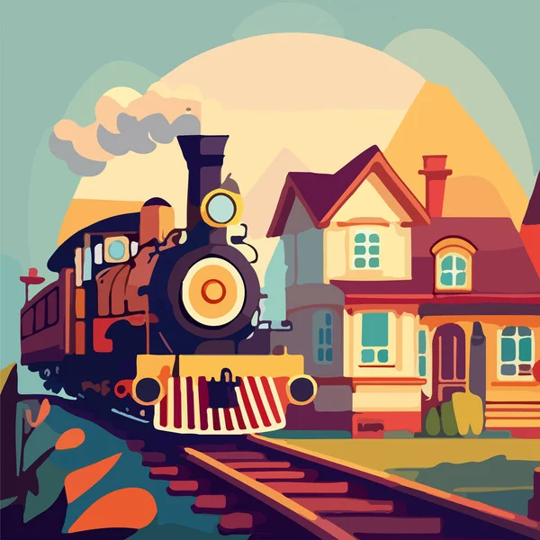 Desenhos Animados Ilustração Uma Locomotiva Com Casas Contra Fundo Céu — Vetor de Stock