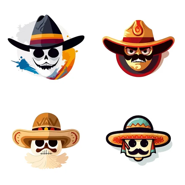 Figuren Mexikanischen Und Cowboyhüten Masken Für Feiertage Und Karneval — Stockvektor