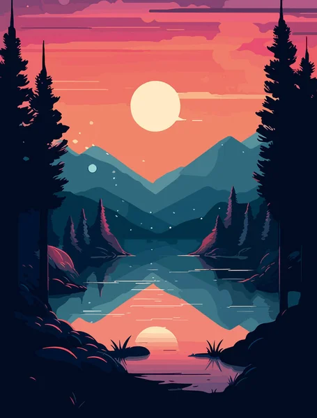 Dessin Paysage Fabuleux Une Forêt Sur Fond Lac Coucher Soleil — Image vectorielle