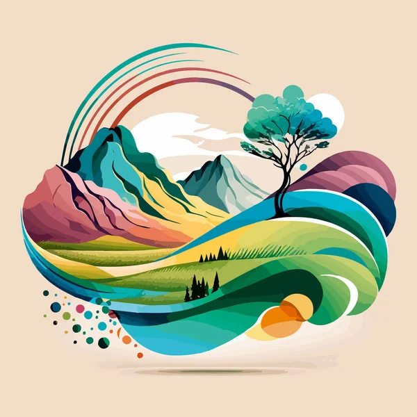 Рисунок Сказочного Пейзажа Гор Разноцветных Холмов Деревьев Фоне Неба — стоковый вектор