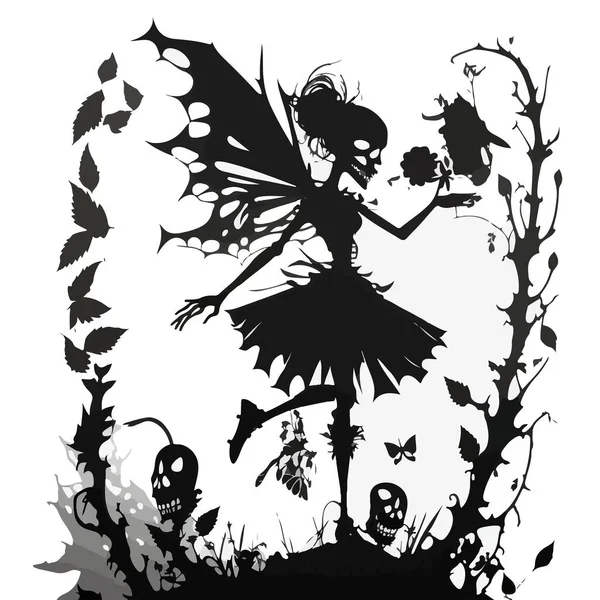在树和骷髅的背景上画一个有翅膀的仙女骷髅 标志或纹身 — 图库矢量图片