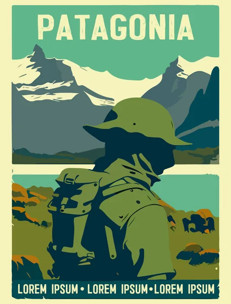 Kresba Reklamního Plakátu Turistou Pozadí Hory Jezera Text Patagonia — Stockový vektor