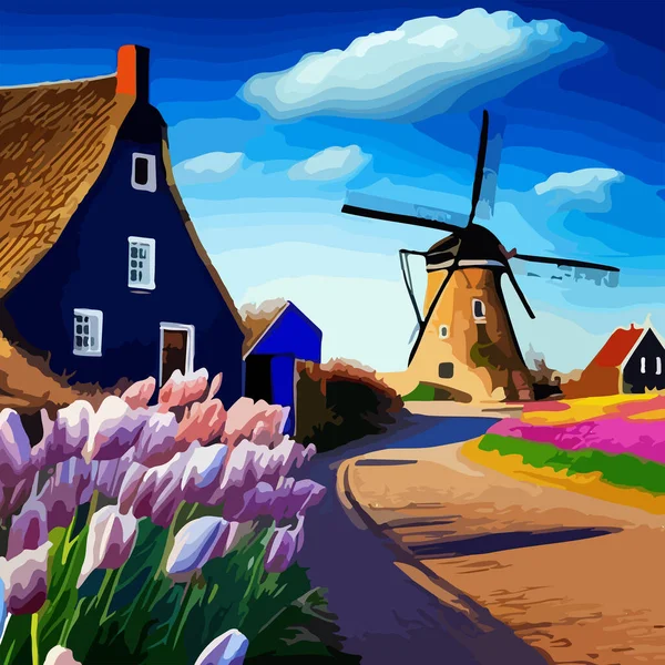 乡村房屋和风车与郁金香在天空中的风景 为了你的设计 — 图库矢量图片