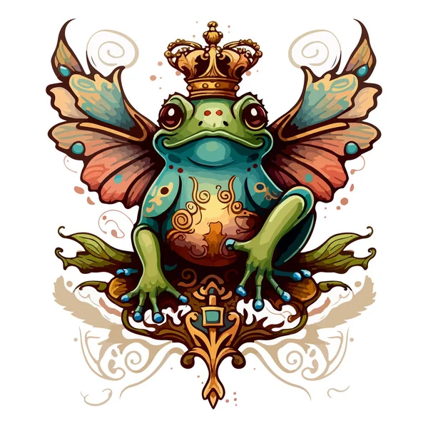 羽を持つカエルの王女と飾りのついた王冠 タトゥーやロゴデザインのために — ストックベクタ