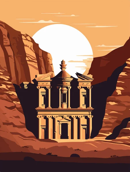 Lanskap Kuil Kuno Petra Terhadap Latar Belakang Matahari Terbenam Untuk - Stok Vektor