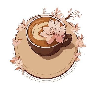 Üzerinde güzel pembe çiçekler olan bir tepsinin üzerine bir fincan kahve çiziyorum. Etiketiniz ya da logo tasarımınız için.